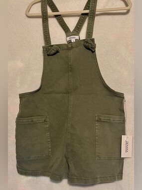 Zenana Outfitters Olive Green Denim Short Overalls NWT